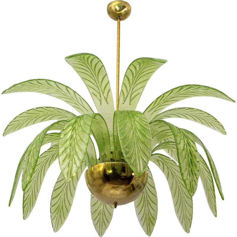 Mid-century Palm leaves chandelier in Murano glass and brass, 1970s