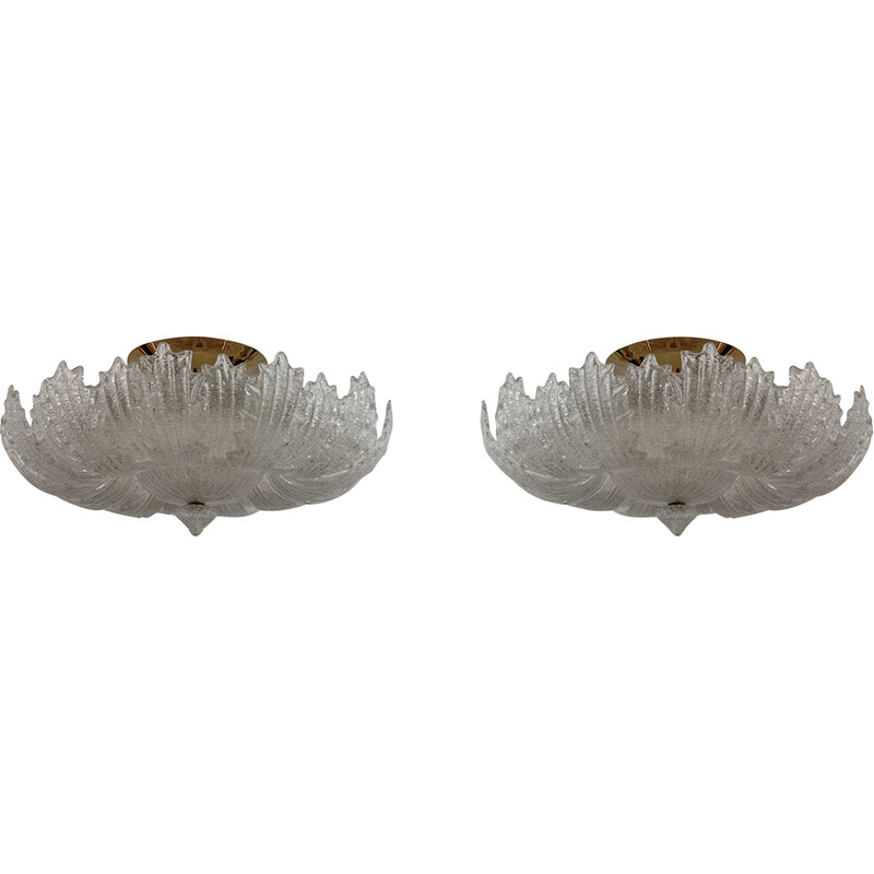 Pair of mid-century brass and Murano glass ceiling lamps by Barovier and Toso