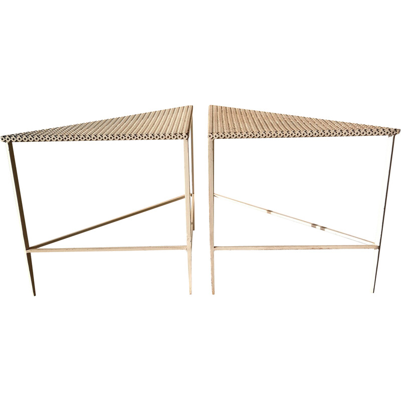 Pair of white vintage triangle coffee tables by Matégot