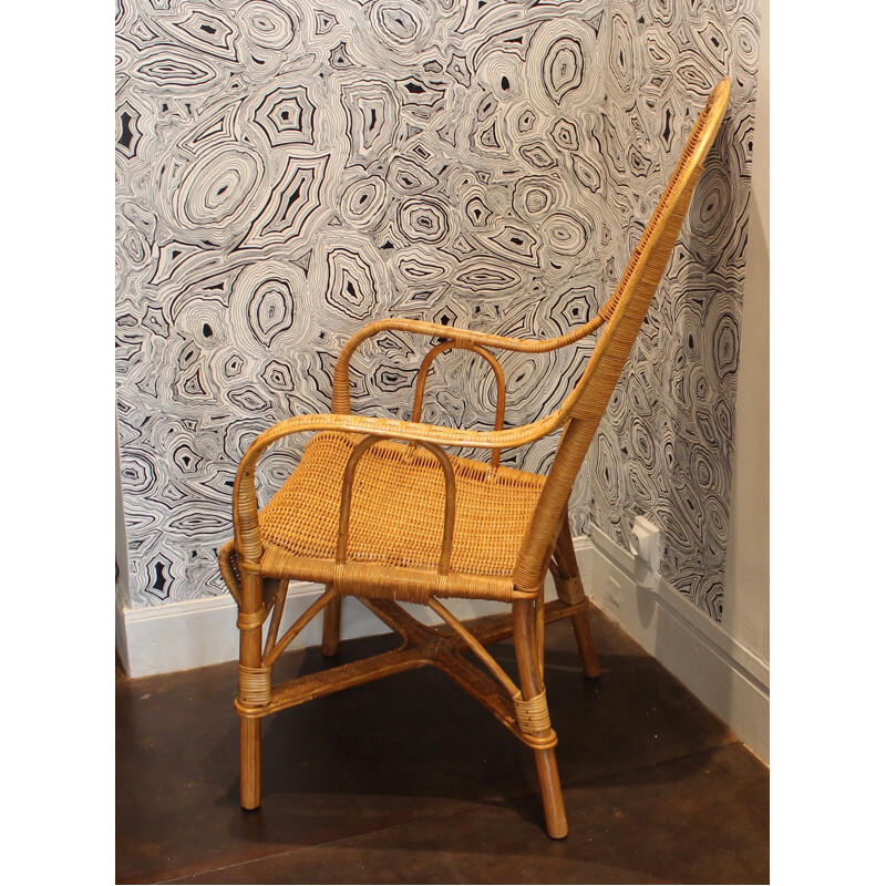 Wicker armchair with high back with honey color - 1950s