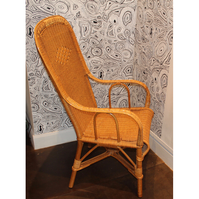 Wicker armchair with high back with honey color - 1950s