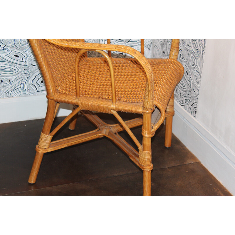 Wicker armchair with high back with honey color - 1950s