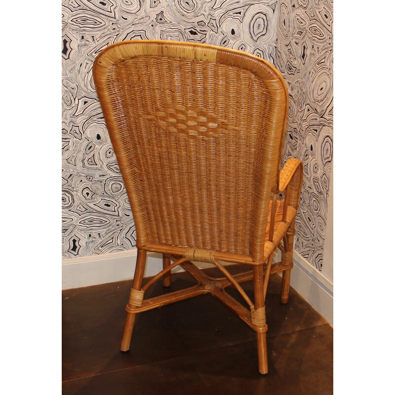 Wicker armchair with high back with honey color - 1950s