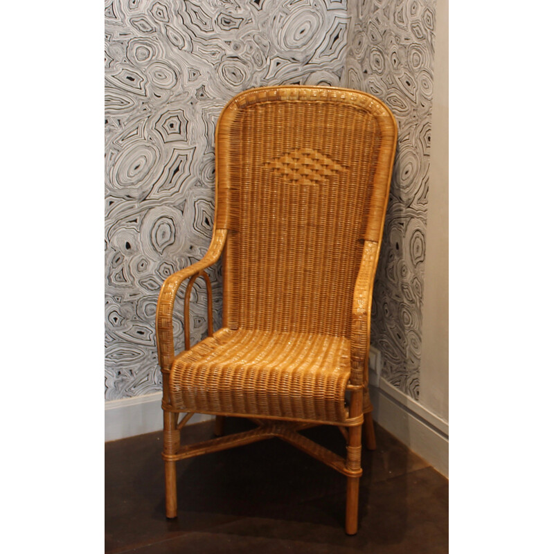 Wicker armchair with high back with honey color - 1950s