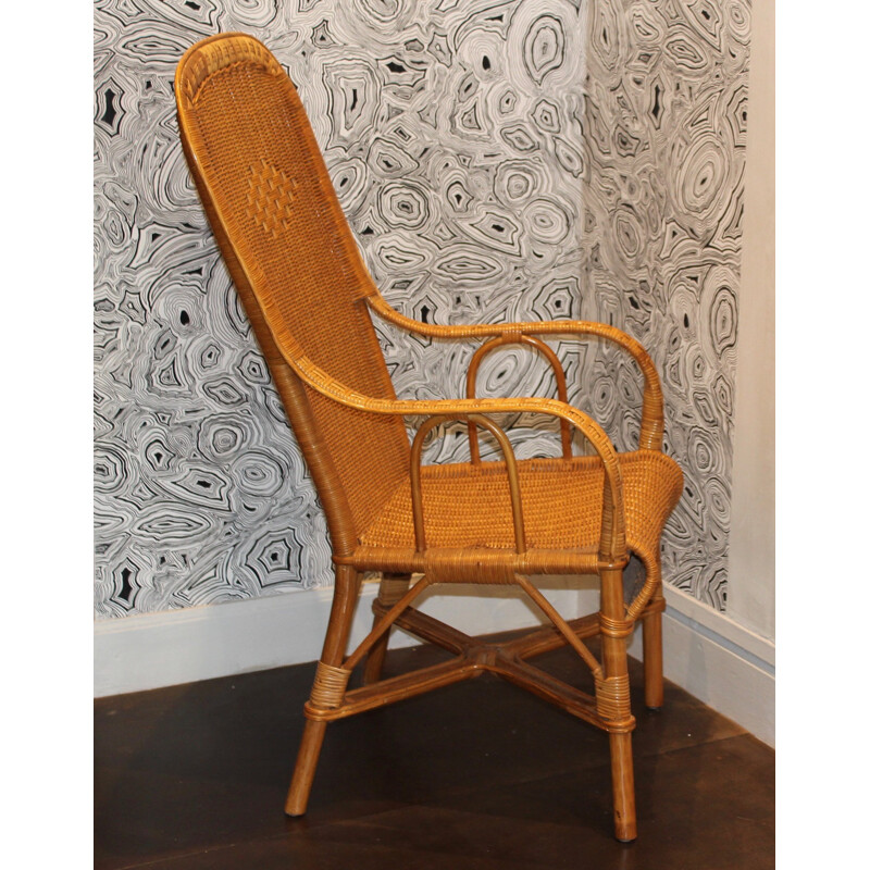 Wicker armchair with high back with honey color - 1950s