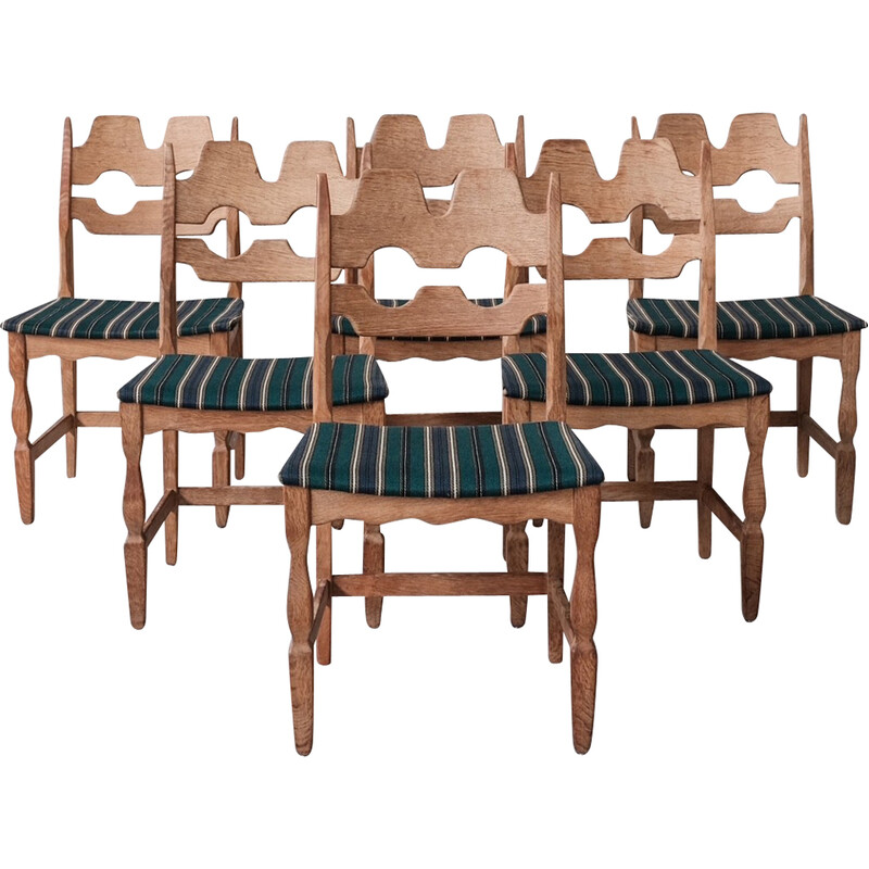 Set of 6 vintage Razor Danish oakwood dining chairs by Henning Kjaernulf, 1960s