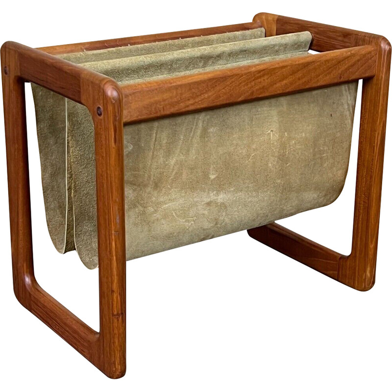 Vintage teak and suede magazine rack by Aksel Kjersgaard, 1960-1970s