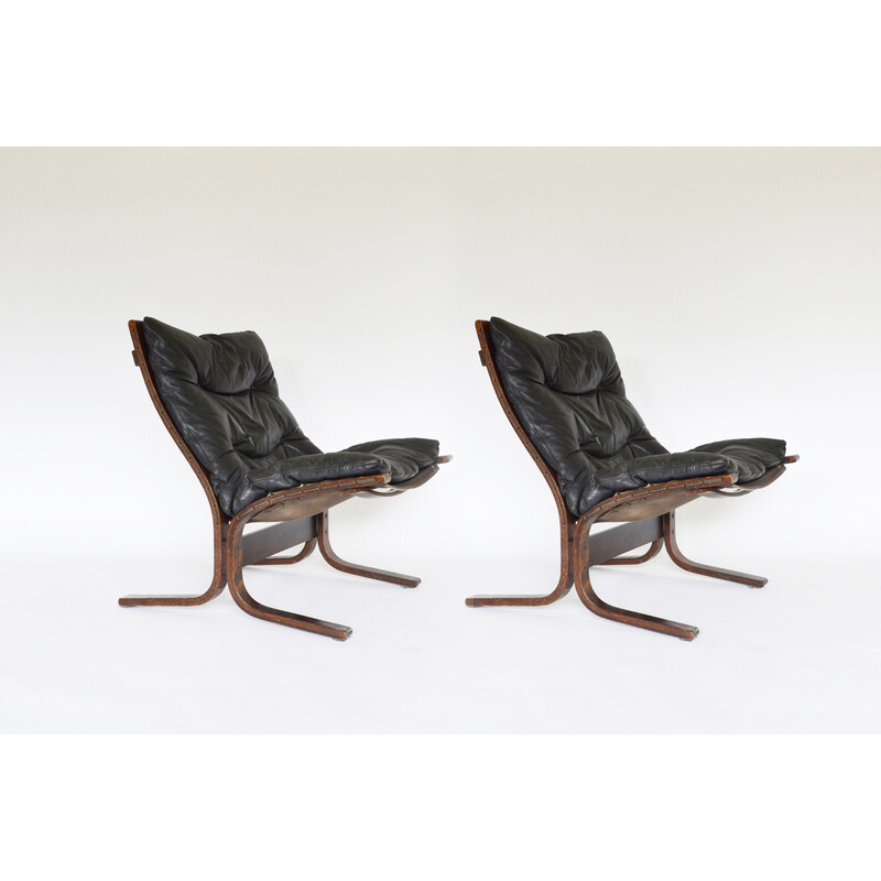 Paire de fauteuils Siesta vintage en cuir noir par Ingmar Relling pour Westnofa, Norvège 1960