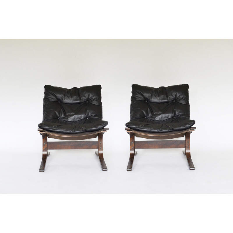 Pair of vintage black leather Siesta armchairs by Ingmar Relling for Westnofa, Norway 1960s
