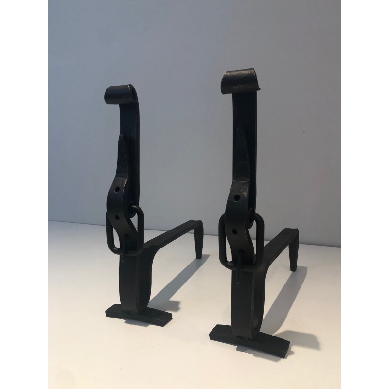 Pair of vintage wrought iron belt andirons, 1950