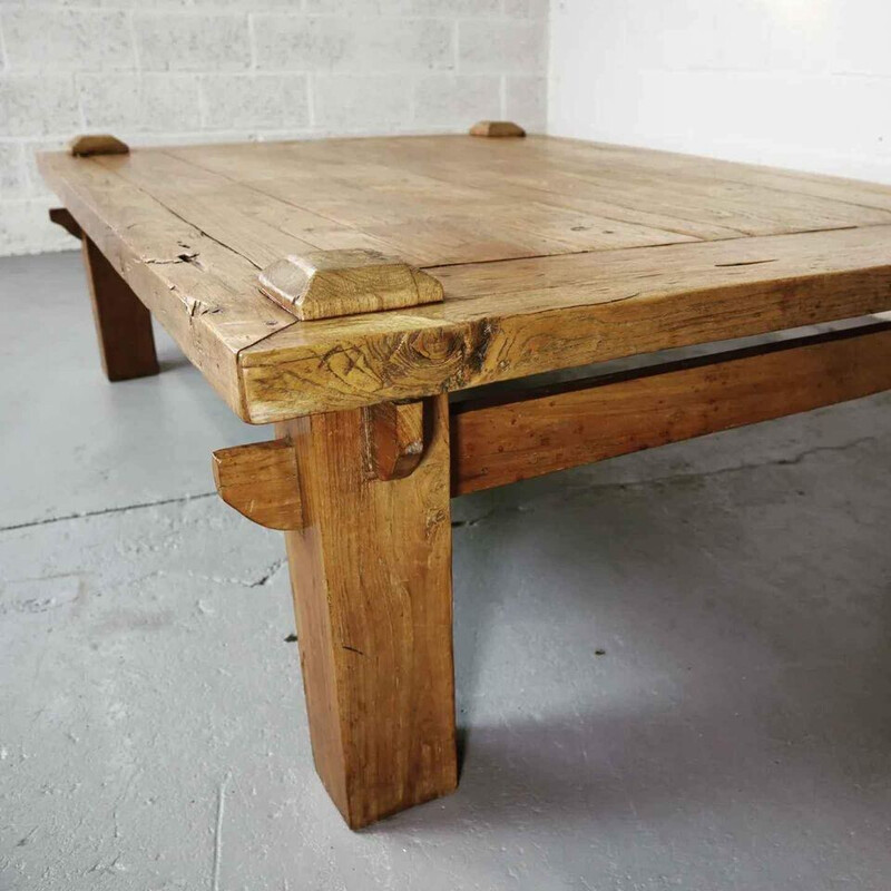 Table basse vintage brutaliste Wabi-Sabi en bois de chêne massif