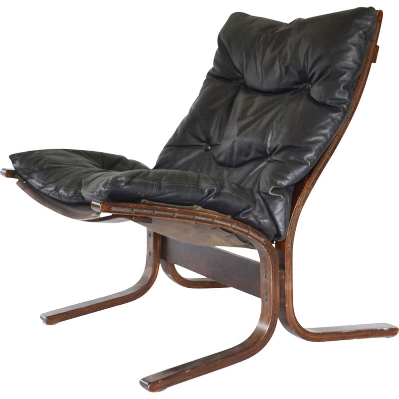 Fauteuil Siesta vintage en cuir noir par Ingmar Relling pour Westnofa, Norvège 1960