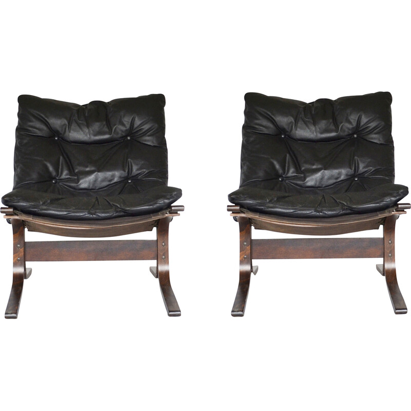 Pair of vintage black leather Siesta armchairs by Ingmar Relling for Westnofa, Norway 1960s