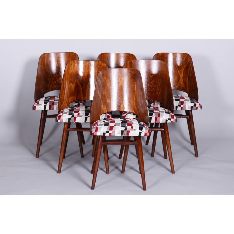 Ensemble de 6 chaises vintage en hêtre et tissu par Oswald Heardtl, Tchécoslovaquie 1950