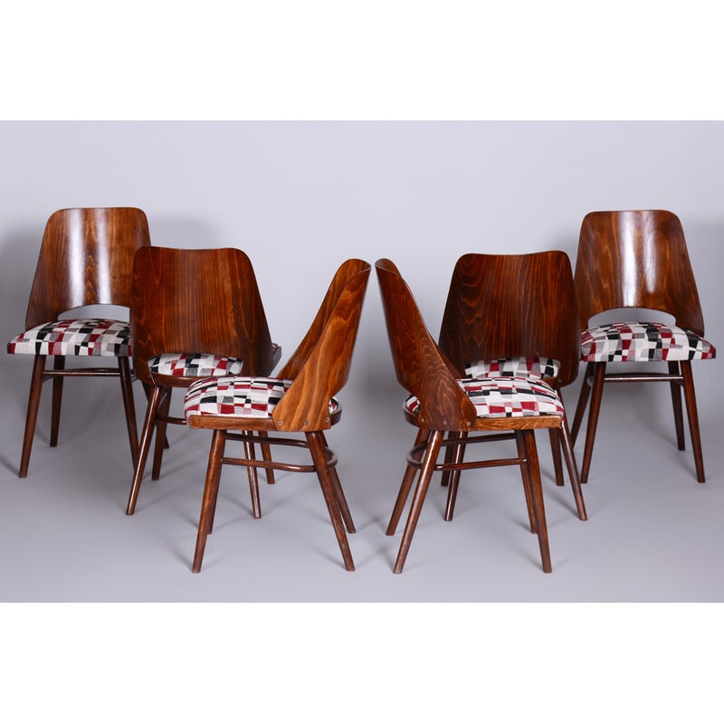 Ensemble de 6 chaises vintage en hêtre et tissu par Oswald Heardtl, Tchécoslovaquie 1950