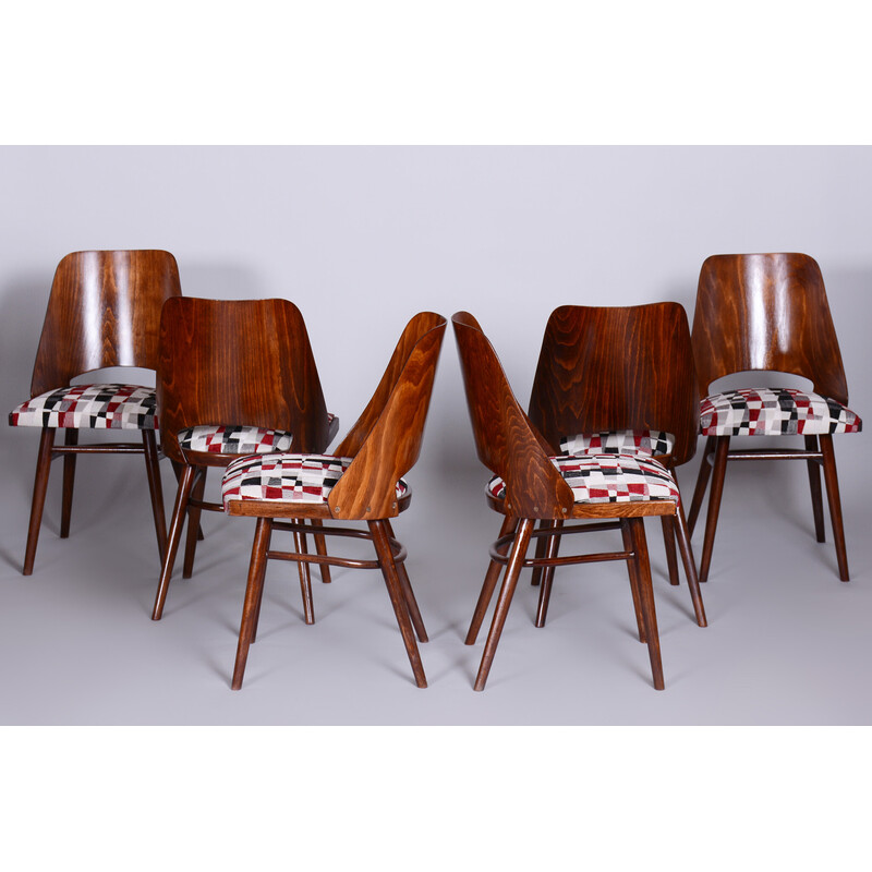 Set of 6 vintage beechwood and fabric chairs by Oswald Heardtl, Czechia 1950