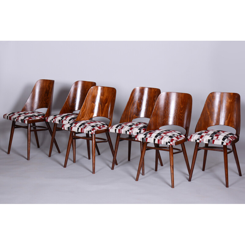 Set of 6 vintage beechwood and fabric chairs by Oswald Heardtl, Czechia 1950