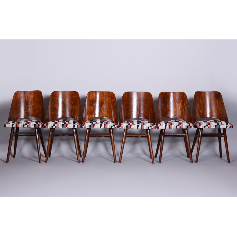 Set of 6 vintage beechwood and fabric chairs by Oswald Heardtl, Czechia 1950