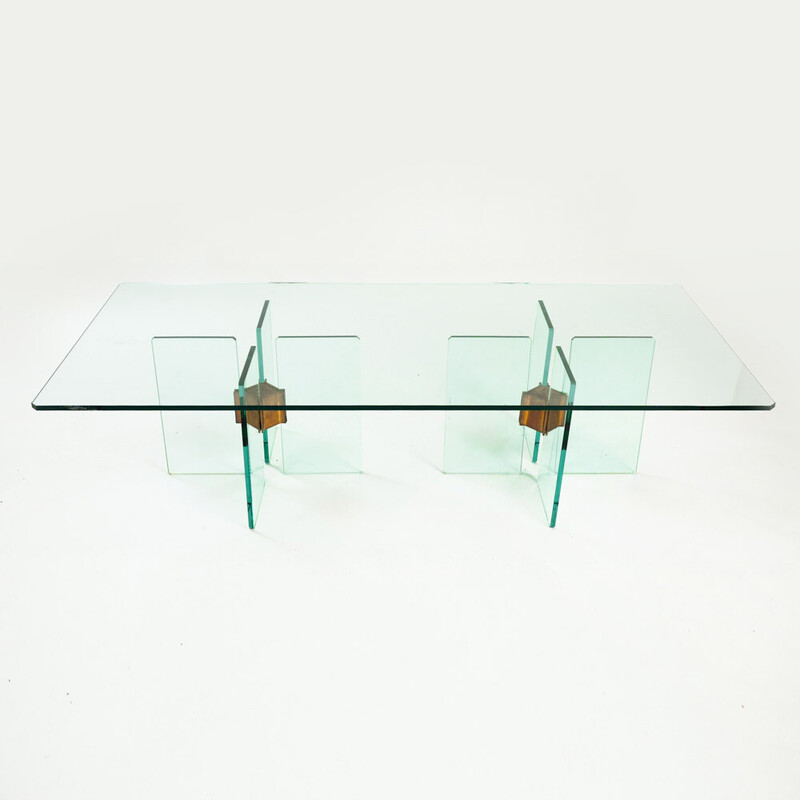 Table basse vintage en verre et laiton par Peter Ghyczy, 1970