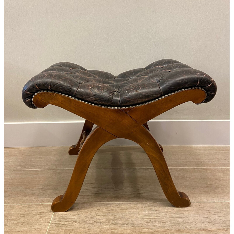 Vintage brown leather footrest, 1970