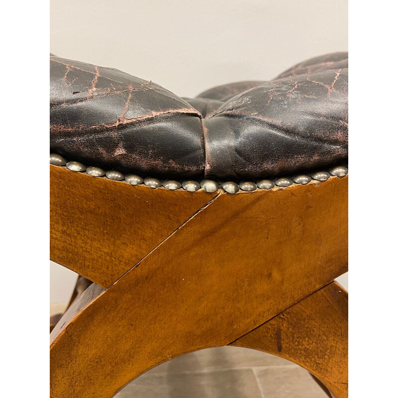 Vintage brown leather footrest, 1970