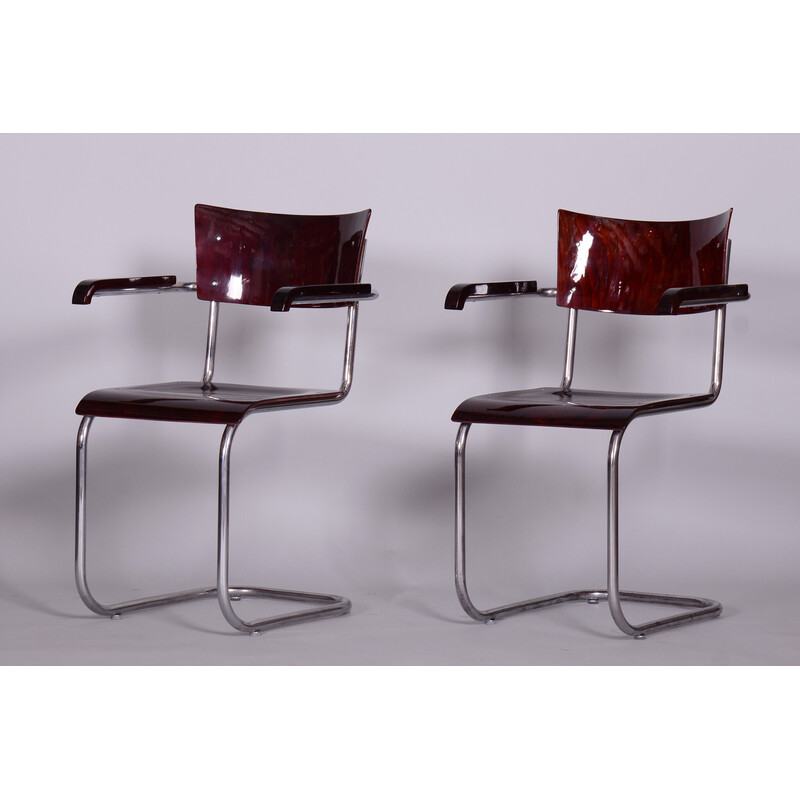 Pair of vintage armchairs in beechwood and chrome plated steel by Mart Stam for Robert Slezak, Czechia 1930