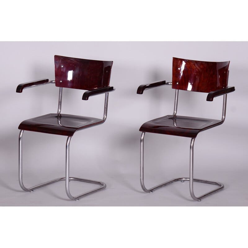 Pair of vintage armchairs in beechwood and chrome plated steel by Mart Stam for Robert Slezak, Czechia 1930