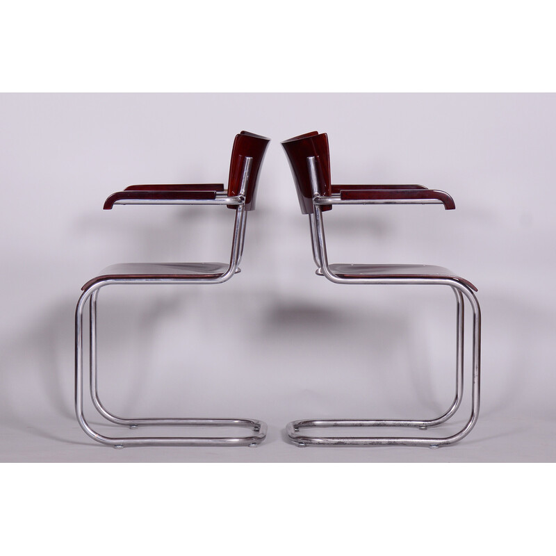 Pair of vintage armchairs in beechwood and chrome plated steel by Mart Stam for Robert Slezak, Czechia 1930