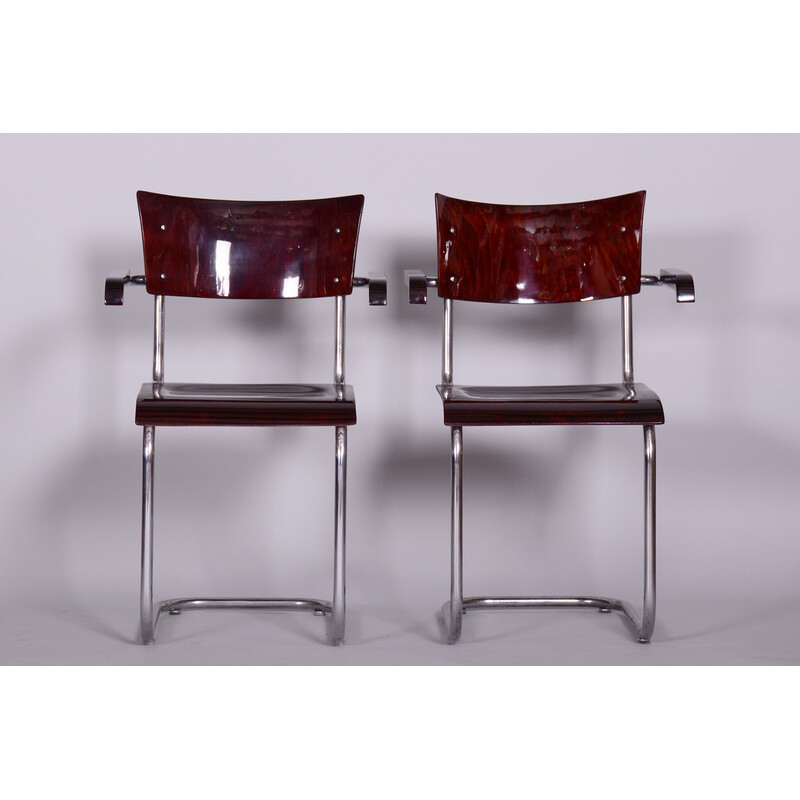 Pair of vintage armchairs in beechwood and chrome plated steel by Mart Stam for Robert Slezak, Czechia 1930