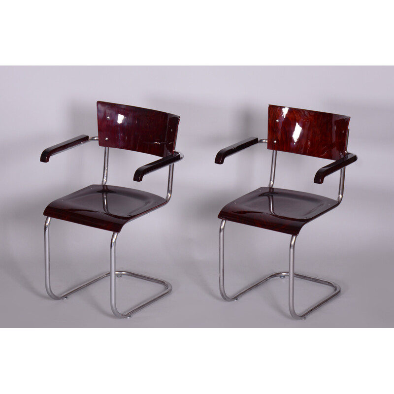 Pair of vintage armchairs in beechwood and chrome plated steel by Mart Stam for Robert Slezak, Czechia 1930