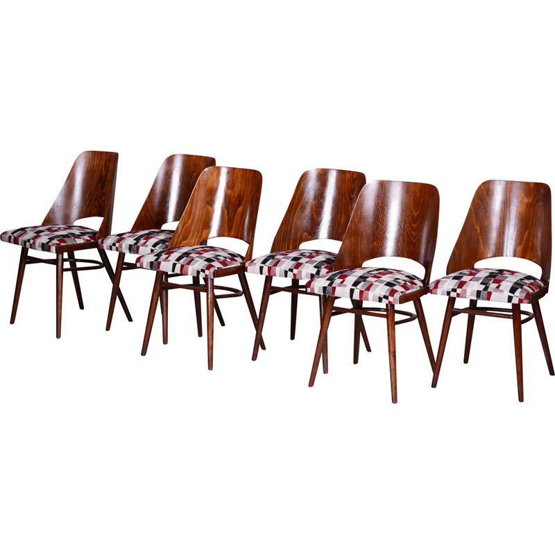 Set of 6 vintage beechwood and fabric chairs by Oswald Heardtl, Czechia 1950