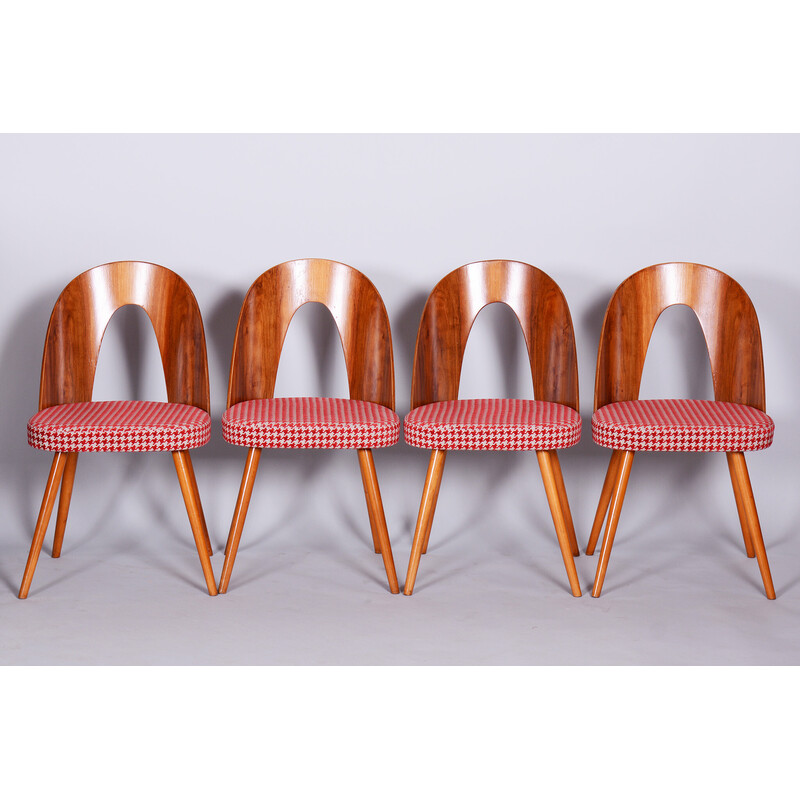 Set of 4 vintage beechwood, walnut and fabric chairs by Antonin Suman, Czechia 1950