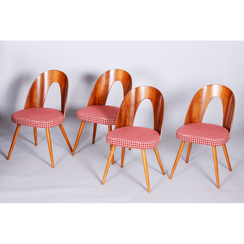 Set of 4 vintage beechwood, walnut and fabric chairs by Antonin Suman, Czechia 1950