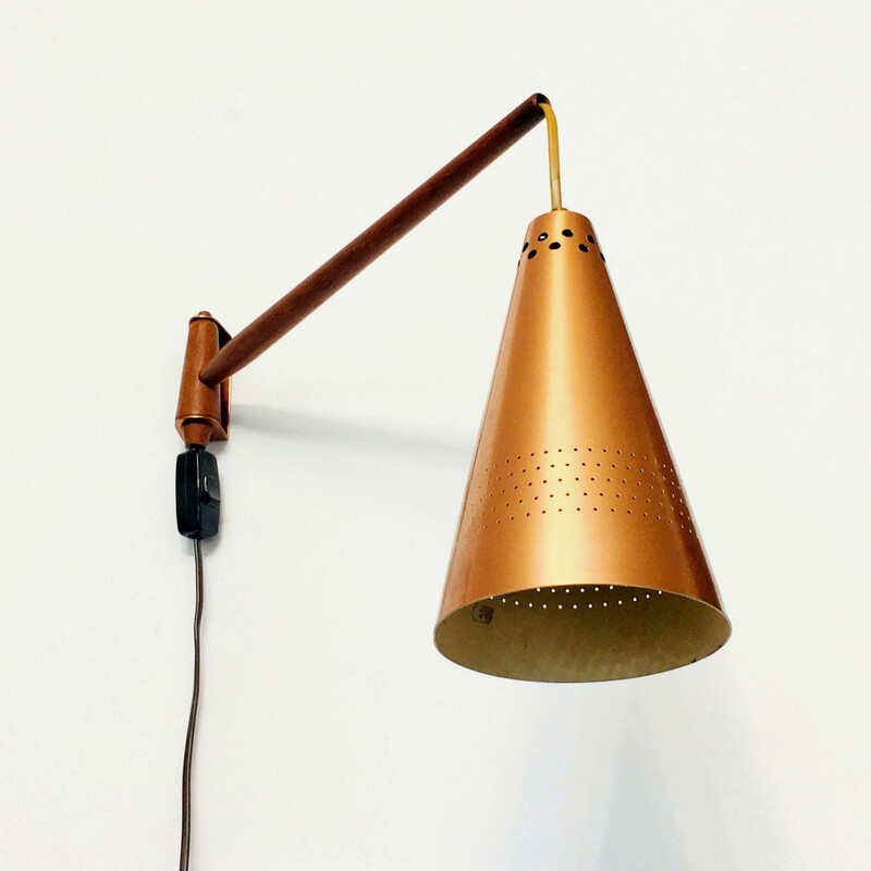 Vintage copper and teak wall lamp model S 1718 by Hans-Agne Jakobsson, Sweden 1960