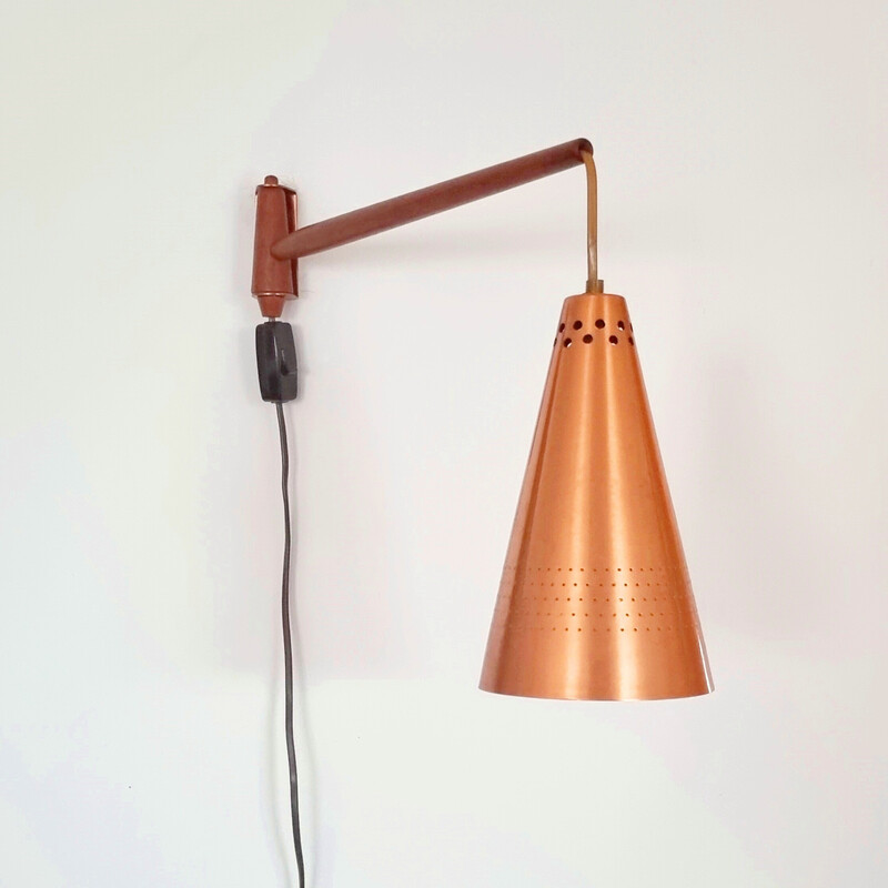 Vintage copper and teak wall lamp model S 1718 by Hans-Agne Jakobsson, Sweden 1960