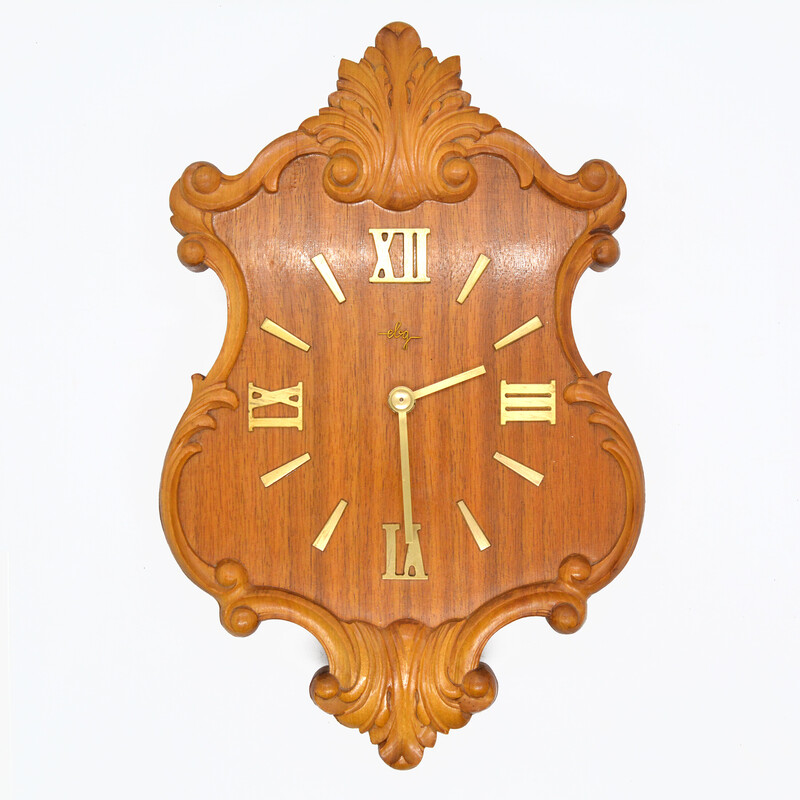 Reloj de pared de madera rústica vintage de Ebg, Alemania Años 60