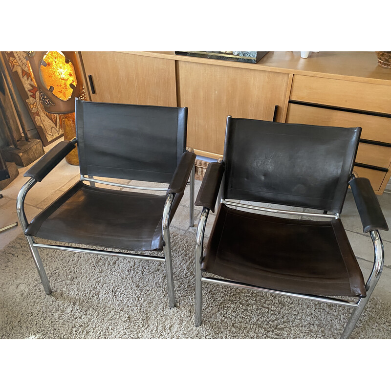 Paar vintage Klinte stoelen in bruin leer van Tord Bjorklund voor Ikea, Zweden 1980