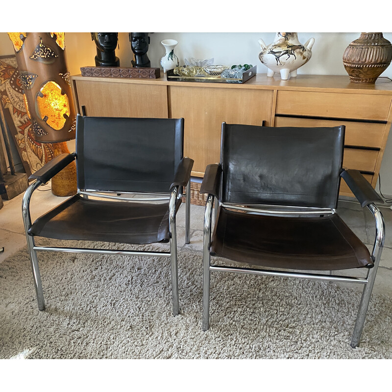 Paar vintage Klinte stoelen in bruin leer van Tord Bjorklund voor Ikea, Zweden 1980