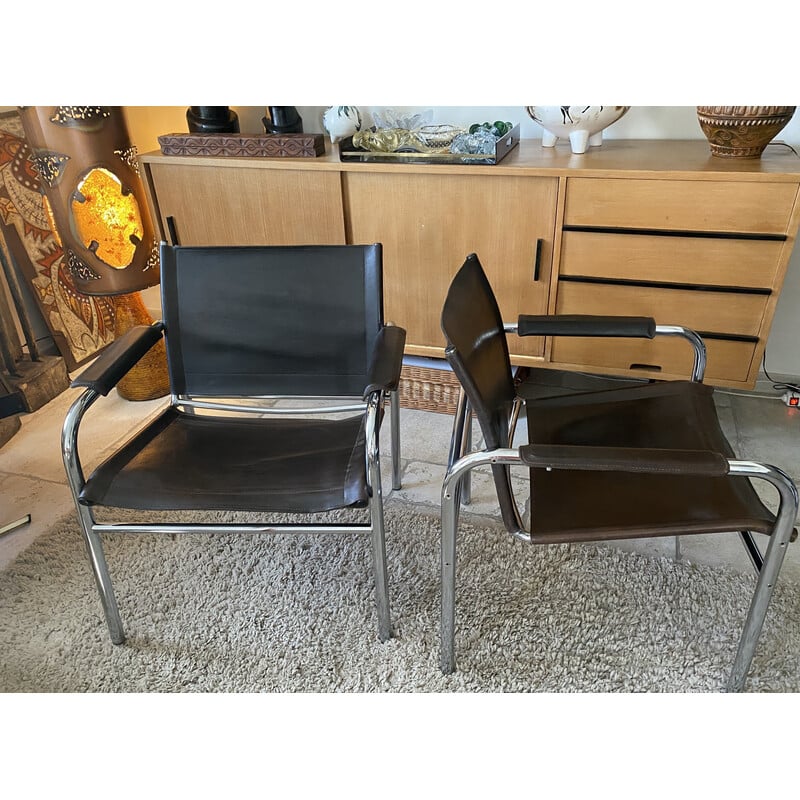 Pair of vintage Klinte brown leather armchairs by Tord Bjorklund for Ikea, Sweden 1980