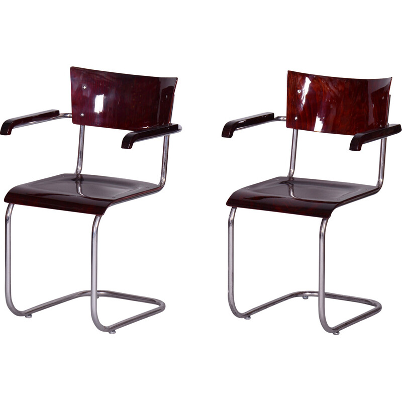 Pair of vintage armchairs in beechwood and chrome plated steel by Mart Stam for Robert Slezak, Czechia 1930