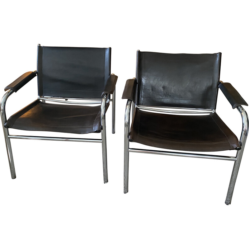 Pair of vintage Klinte brown leather armchairs by Tord Bjorklund for Ikea, Sweden 1980