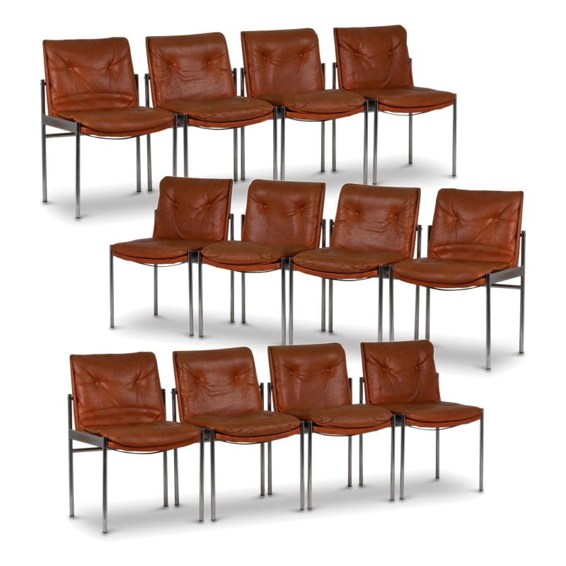 Set of 12 vintage chairs in imitation leather and chrome metal, Italy 1970