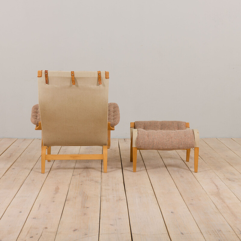 Vintage armchair with footrest Pernilla in curved beech plywood by Bruno Mathsson for Dux, Sweden 1960