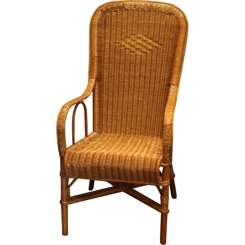 Wicker armchair with high back with honey color - 1950s