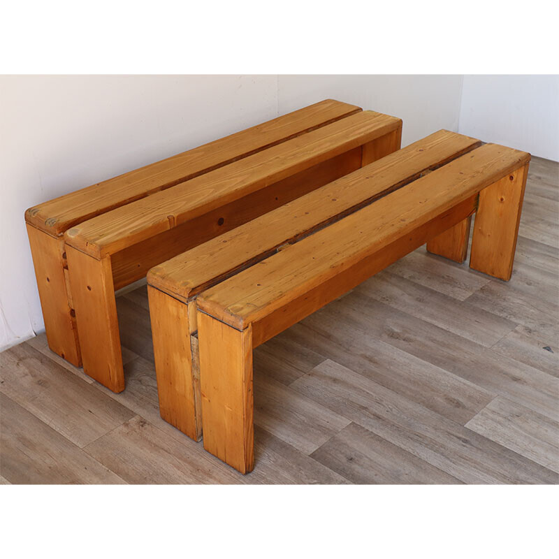 Pair of vintage pine benches, selected by Charlotte Perriand for Les Arcs, 1960