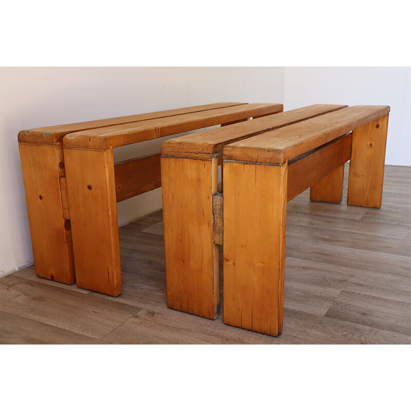 Pair of vintage pine benches, selected by Charlotte Perriand for Les Arcs, 1960