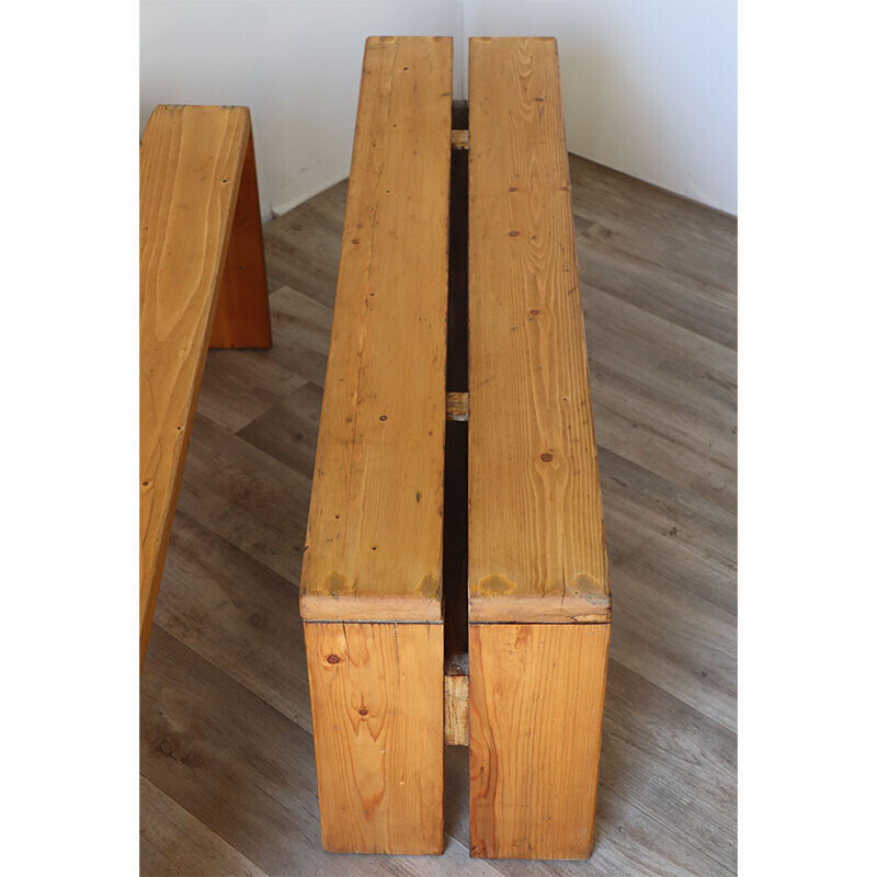 Pair of vintage pine benches, selected by Charlotte Perriand for Les Arcs, 1960