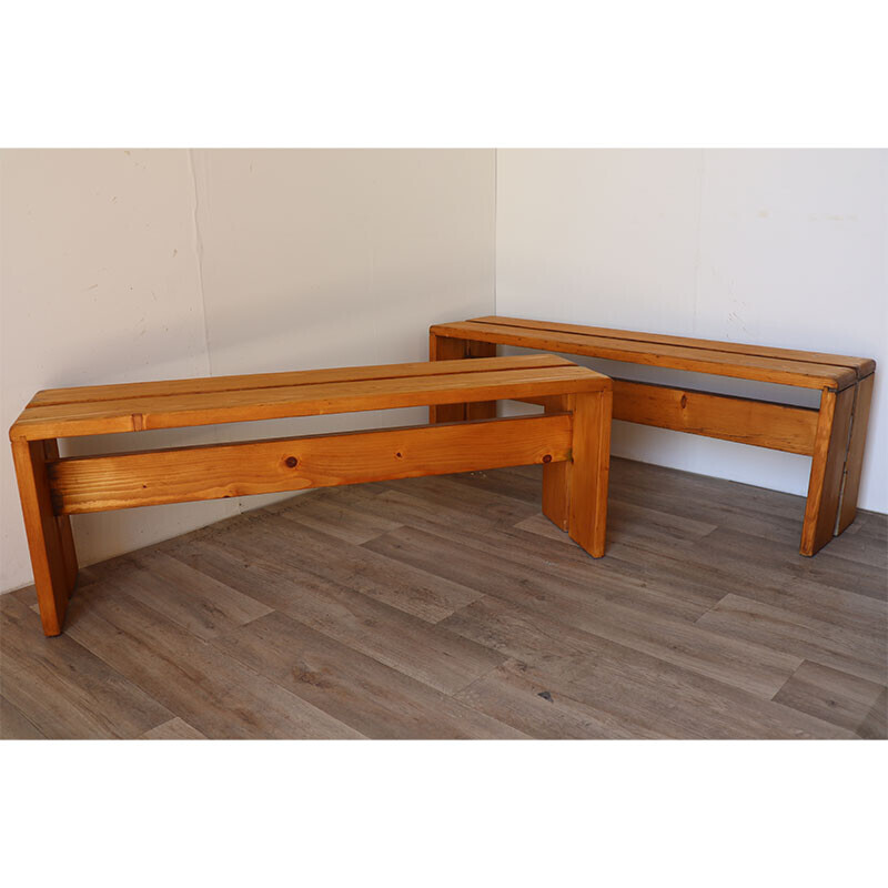 Pair of vintage pine benches, selected by Charlotte Perriand for Les Arcs, 1960