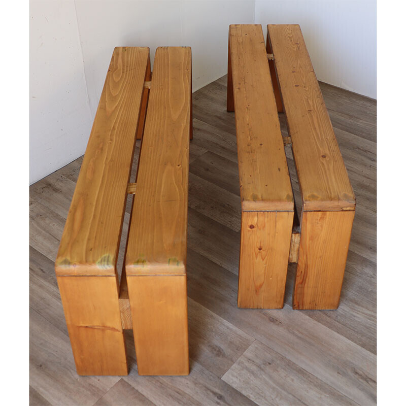 Pair of vintage pine benches, selected by Charlotte Perriand for Les Arcs, 1960