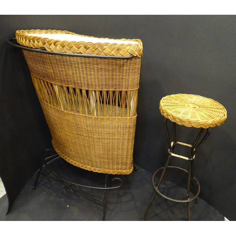 Vintage wooden bar furniture with stool, France 1960s